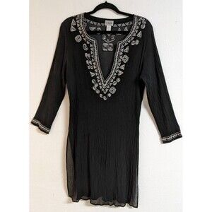 CHICO'S Women's Black Silk Embroidered Deep-V Cover-Up Beach Cruise 10/12